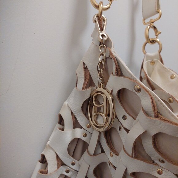 Vintage BEBE White Woven Leather Logo Hobo Bag W Key FOB Charm - Picture 3 of 6